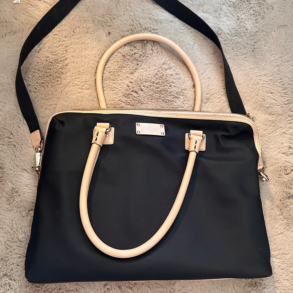 Kate Spade Kennedy Park Nylon Calista laptop bag in black with tan leather trim